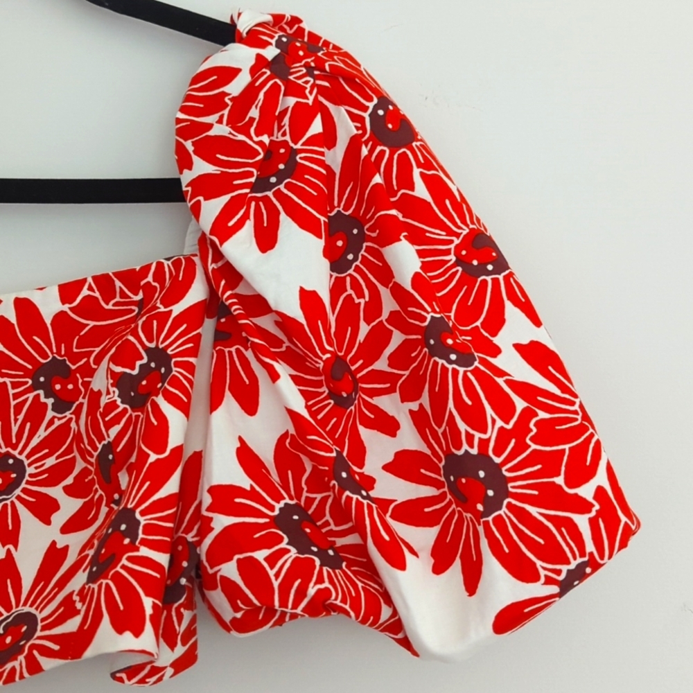 Mango Floral Daisy Puff Bubble Sleeve Crop Top Blouse Size Medium Cotton - Picture 4 of 10